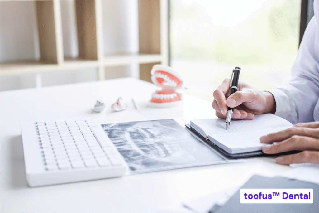 What Will Happen At Your First Dental Implant Consultation 3 Dentist at a desk looking at a dental x-ray and writing notes in a notebook - toofus™ Dental