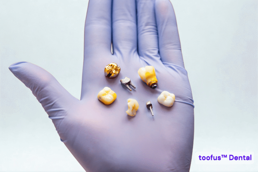 The Essential Guide: Stop Hidden Costs for Dental Implants 4 Different types of dental implant crowns on a dentist's hand - toofus™ Dental